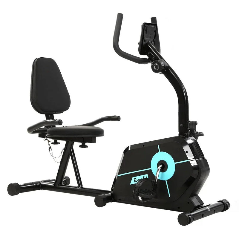 Black Trustymall Everfit Magnetic Recumbent Exercise Bike with adjustable seat and digital display for comfortable home workouts.