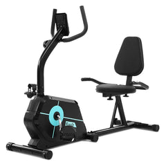 Black Trustymall Everfit magnetic recumbent exercise bike with adjustable seat and handlebars, designed for indoor fitness training.