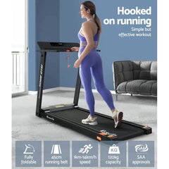 Black Everfit electric treadmill by Trustymall, fully foldable for home gym exercise and fitness training.