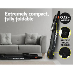 Black Everfit electric treadmill by Trustymall, fully foldable for home gym exercise and fitness training.
