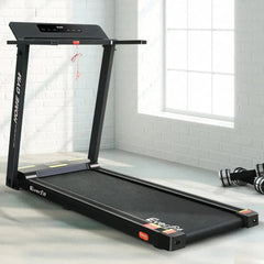 Black Everfit electric foldable treadmill by Trustymall for home gym exercise and fitness workouts.