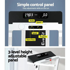 White Everfit electric treadmill from Trustymall, fully foldable for home gym exercise and fitness workouts.