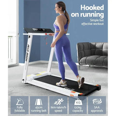 Everfit electric treadmill for home gym, fully foldable design, white with digital display, ideal for exercise and fitness routines.