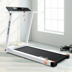 White Everfit electric treadmill by Trustymall, fully foldable home gym exercise equipment for fitness and cardio workouts.
