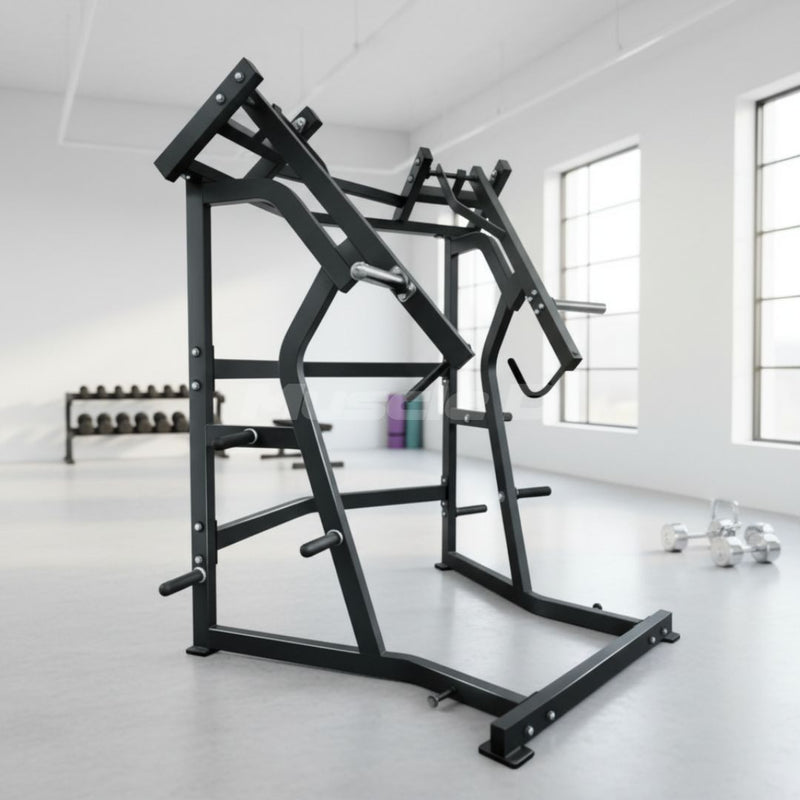 Muscle D Fitness Excel Jammer plate loaded strength training machine with padded seat and handles, used for leg and hip exercises.