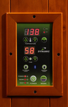 Golden Designs Elite Dynamic Avila sauna with vertical control panel, featuring ultra low EMF FAR IR heating for 1-2 persons.