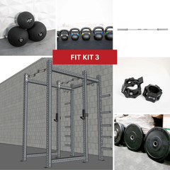 Muscle D Fitness TGrip Commercial Full Power Rack Set with 3x3 steel frame, multi-grip pull-up bars, plate storage, and J-hooks.