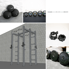 Muscle D Fitness TGrip Commercial double half rack with 3x3 steel frame, multi-grip pull-up bar, integrated plate storage, and J-hooks.
