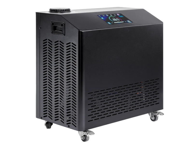 Golden Designs Inc. DCT-SY-10-PRO cold plunge chiller with WiFi app, front left view of compact cold and heat therapy device.