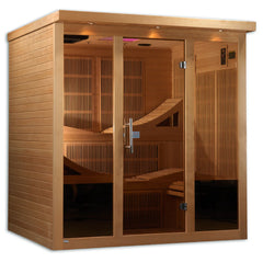 Golden Designs Inc. Elite Monaco Near Zero EMF Far Infrared Sauna, showcasing the sleek wooden interior and bench seating.
