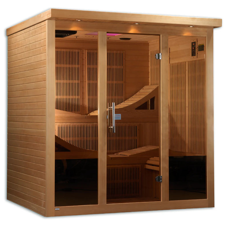 Golden Designs Inc. Elite Monaco Near Zero EMF Far Infrared Sauna, showcasing the sleek wooden interior and bench seating.