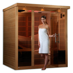 Golden Designs Inc. Elite Monaco near zero EMF far infrared sauna with wooden interior and control panel, shown in the image.