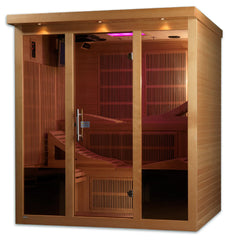 Golden Designs Inc. Elite Monaco Near Zero EMF Far Infrared Sauna with wood interior and digital control panel, viewed from the front.