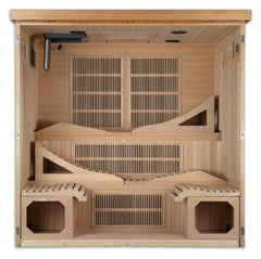 Golden Designs Inc. Elite Monaco near zero EMF far infrared sauna with wooden interior and glass door, shown in a modern room setting.