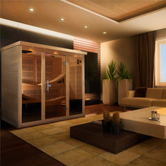 Golden Designs Inc. Monaco near zero EMF far infrared sauna with wooden interior and digital control panel.