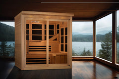 Golden Designs Inc. Elite 6 person near zero EMF far infrared sauna with wooden interior and glass door.