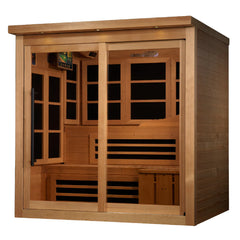 Golden Designs Inc. Elite 6-person near-zero EMF far infrared sauna with wooden interior and digital control panel.