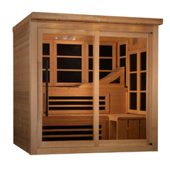 Golden Designs Inc. Elite 6-person near-zero EMF far infrared sauna with glass doors and interior benches.