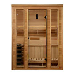 Golden Designs Sundsvall traditional 2-person sauna with wood interior and glass door, designed for home relaxation.
