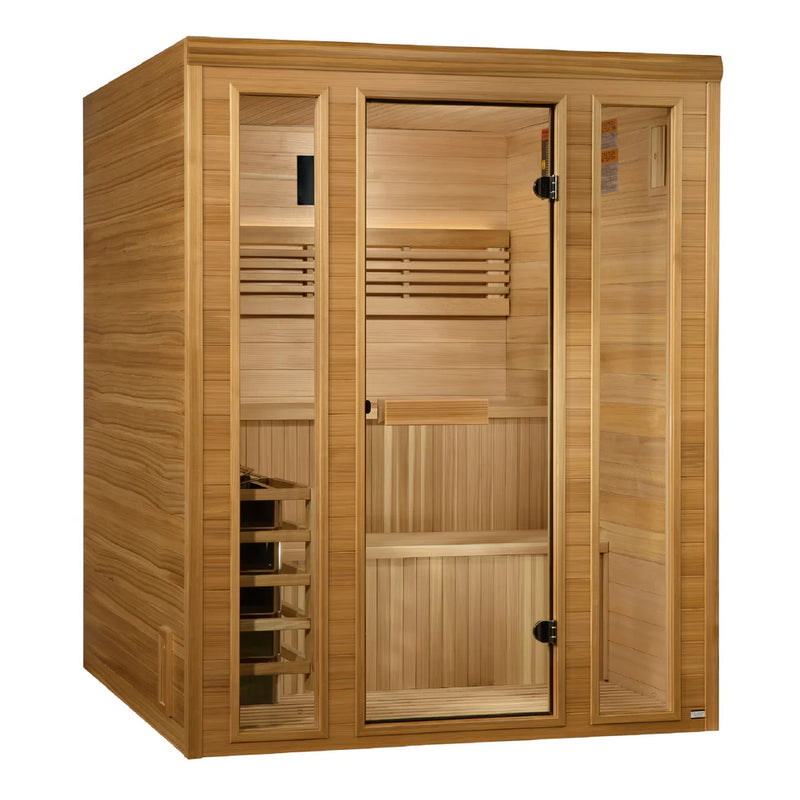 Golden Designs Sundsvall 2-person traditional sauna with wooden interior and glass door, designed for home wellness.