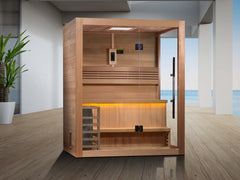 Golden Designs Sundsvall 2-person traditional sauna with wood interior and glass door for relaxing at home.