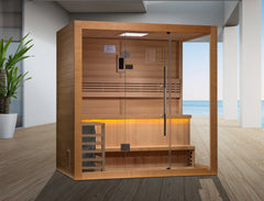 Golden Designs Sundsvall 2-person traditional sauna with wooden interior and glass door, designed for home relaxation.