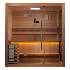 Golden Designs Sundsvall 2-person traditional sauna with wooden interior and glass door, offering a cozy spa experience.