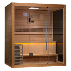 Golden Designs Sundsvall 2-person traditional sauna with wooden interior and glass door, ideal for home wellness spaces.