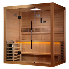Golden Designs Sundsvall 2-person traditional sauna with wooden interior and glass door, designed for home wellness and relaxation.