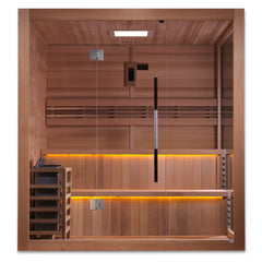 Golden Designs Kuusamo 6-person traditional sauna with wooden interior and door, designed for relaxing sauna sessions at home.
