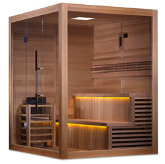 Golden Designs Kuusamo 6-person traditional sauna with wooden interior and glass door, ideal for relaxing home spa experiences.