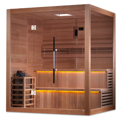 Golden Designs Kuusamo 6-person traditional sauna with wooden interior and glass door, designed for home relaxation.