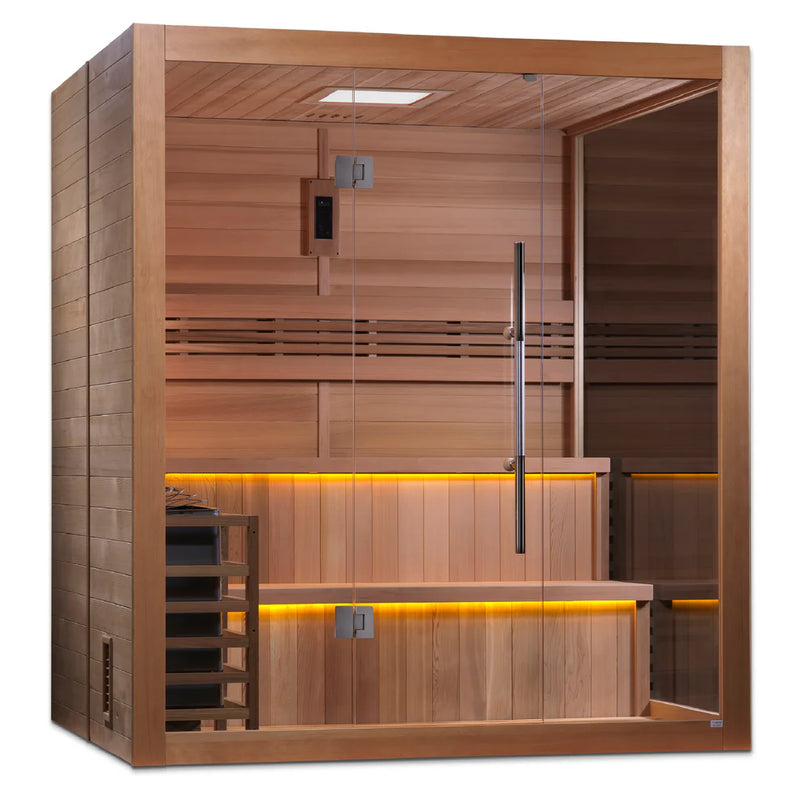 Golden Designs Kuusamo 6-person traditional sauna with wooden interior and glass door, ideal for home spa relaxation.