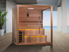 Golden Designs Kuusamo 6-person traditional sauna with wood interior and glass door, designed for home relaxation.