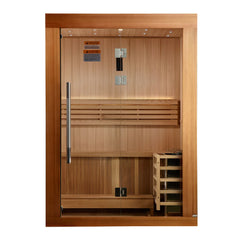 Golden Designs Sundsvall traditional 2-person sauna with wooden interior and glass door, designed for relaxing home spa experiences.