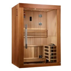 Golden Designs Sundsvall 2-person traditional sauna with wood interior and glass door, showcasing the modern sauna design.