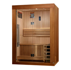 Golden Designs Sundsvall 2-person traditional sauna with wooden interior and sauna heater, designed for home wellness.