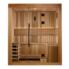 Golden Designs Copenhagen 3-person traditional sauna with wooden interior and glass door, designed for home relaxation.