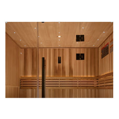 Golden Designs Copenhagen 3-person traditional sauna with wooden interior and glass door, designed for home wellness.