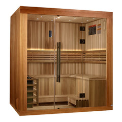 Golden Designs Copenhagen 3-person traditional sauna with wooden interior and glass door, ideal for home wellness.