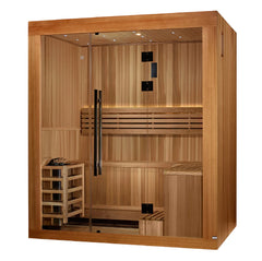 Golden Designs Copenhagen 3-person traditional sauna with wooden interior and glass door, designed for home wellness.