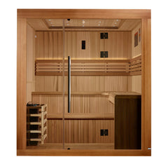 Golden Designs Sundsvall 2-person traditional sauna with wooden interior and glass door, designed for home relaxation.