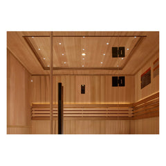 Golden Designs Sundsvall 2-person traditional sauna with wooden interior and benches, showcasing the sauna’s spacious design and warm wood tones.
