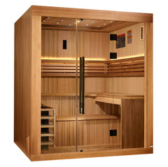 Golden Designs Sundsvall 2-person traditional sauna with wooden interior and glass door, designed for relaxing at home.