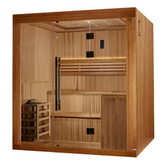 Golden Designs Sundsvall 2-person traditional sauna with wooden interior and glass door, designed for home wellness.