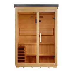 Golden Designs Arlberg 3-person outdoor steam sauna with flat roof, black exterior, and traditional design by Golden Designs Inc.