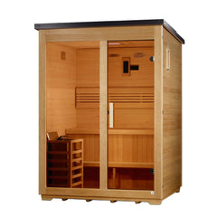 Golden Designs "Arlberg" 3-person traditional outdoor steam sauna with flat roof, shown from the left side.