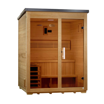 Golden Designs Arlberg 3-person traditional outdoor steam sauna with flat roof, black exterior, and wooden interior visible in the image.