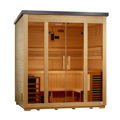 Golden Designs 5-person traditional flat roof outdoor sauna with black roof, featuring wooden interior and outdoor setup.