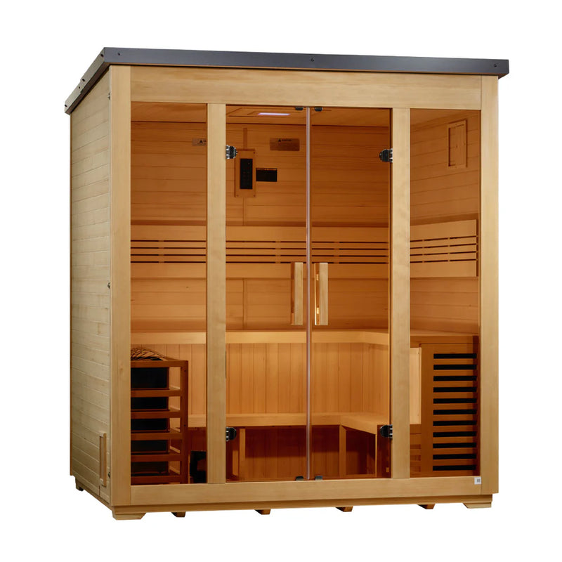 Golden Designs 5-person traditional flat roof outdoor sauna with black roof, featuring wooden interior and outdoor setup.